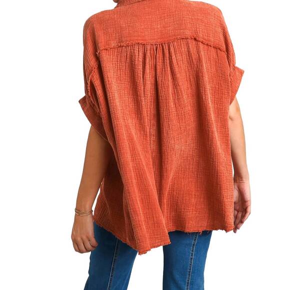 NEW UMGEE cotton gauze mineral wash button down top in orange - Picture 3 of 4